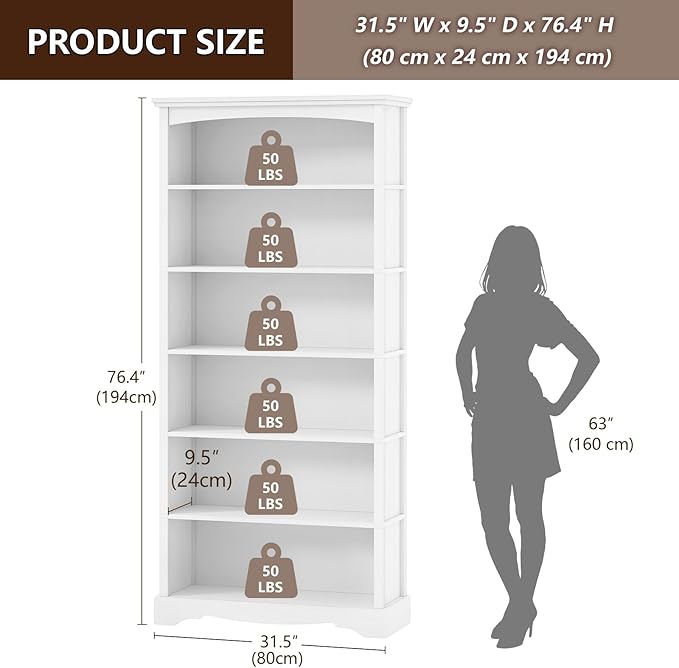 TVU 6-Tier Wooden Bookshelf, 76 Inch Tall Bookshelf with Storage, Floor Standing Modern Style Display Bookcase for Living Room, Office, Study Room, Entryway, White