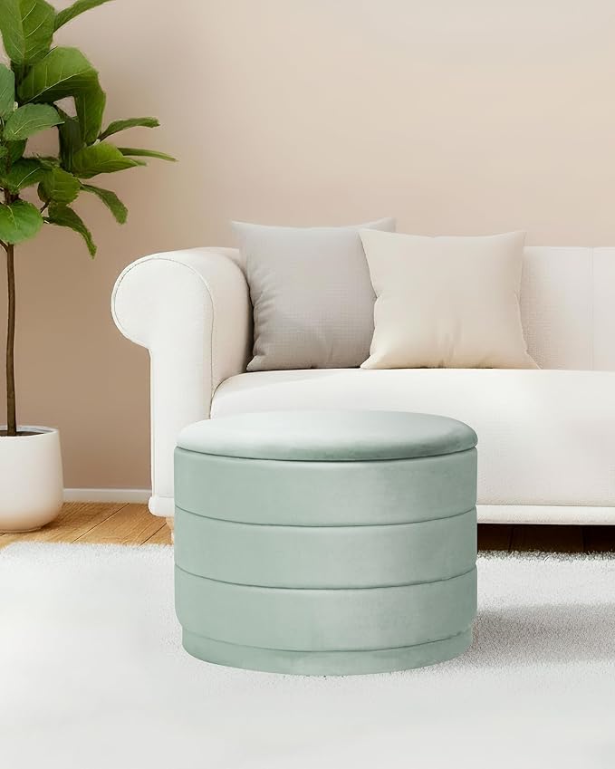 B FSOBEIIALEO Round Velvet Storage Ottoman with Tray, Folding Ottoman with Storage Coffee Table Foot Rest for Dorm Room, Living Room Sage, 22.83"x22.83"x17.32"