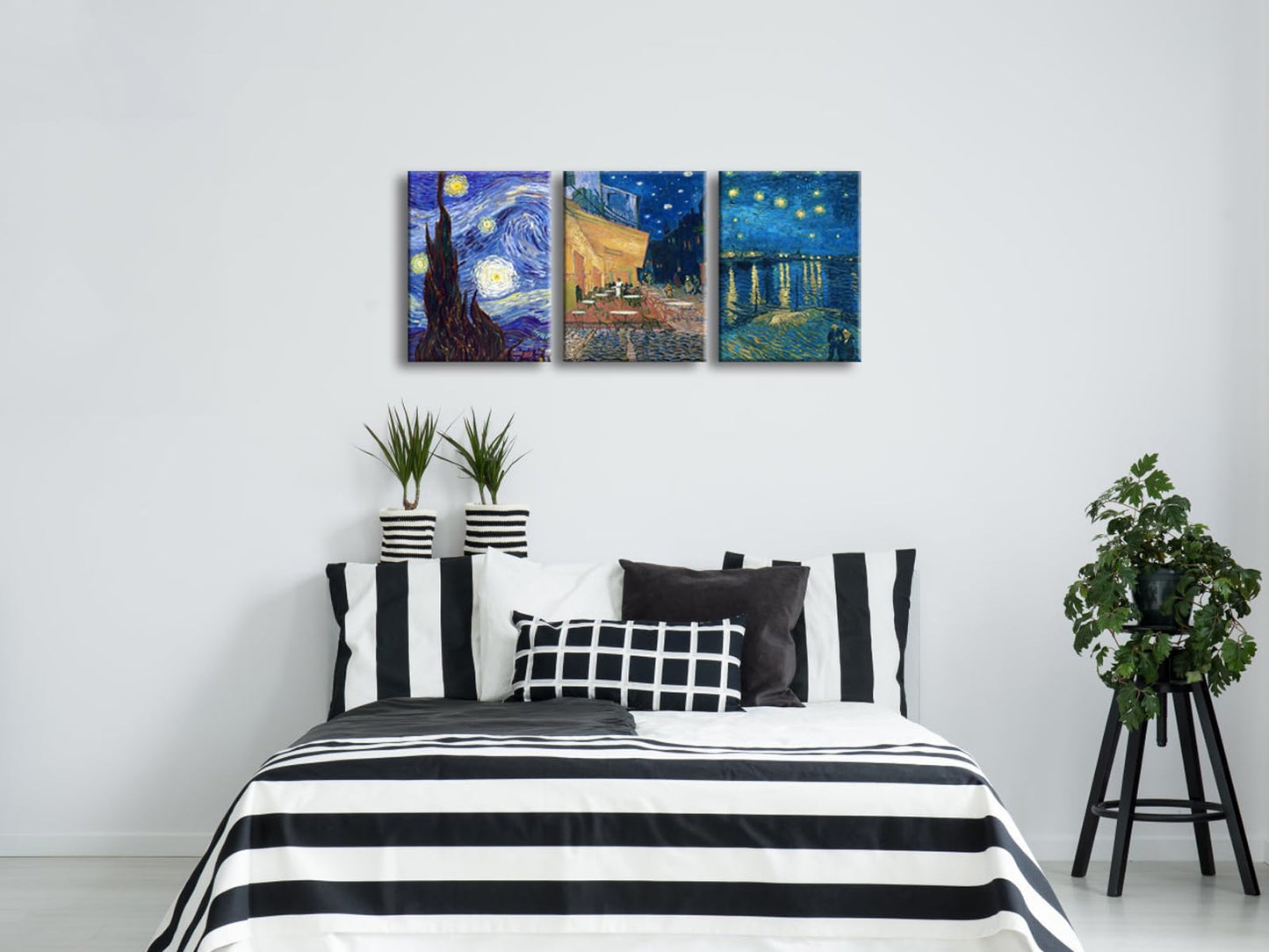 Wieco Art 3 Panels Canvas Prints of Vincent Van Gogh Paintings Reproduction Starry Night Over the Rhone Cafe Terrace at Night Canvas Wall Art for Living Room Home Office Decor