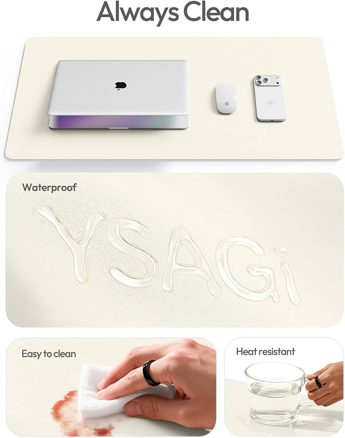 YSAGi Leather Desk Protector, Office Mat, Large Mouse Mat, Non-Slip PU Leather Blotter, Laptop Desk Mat, Waterproof Writing Pad for Office and Home(Cream, 42" x 17.2")