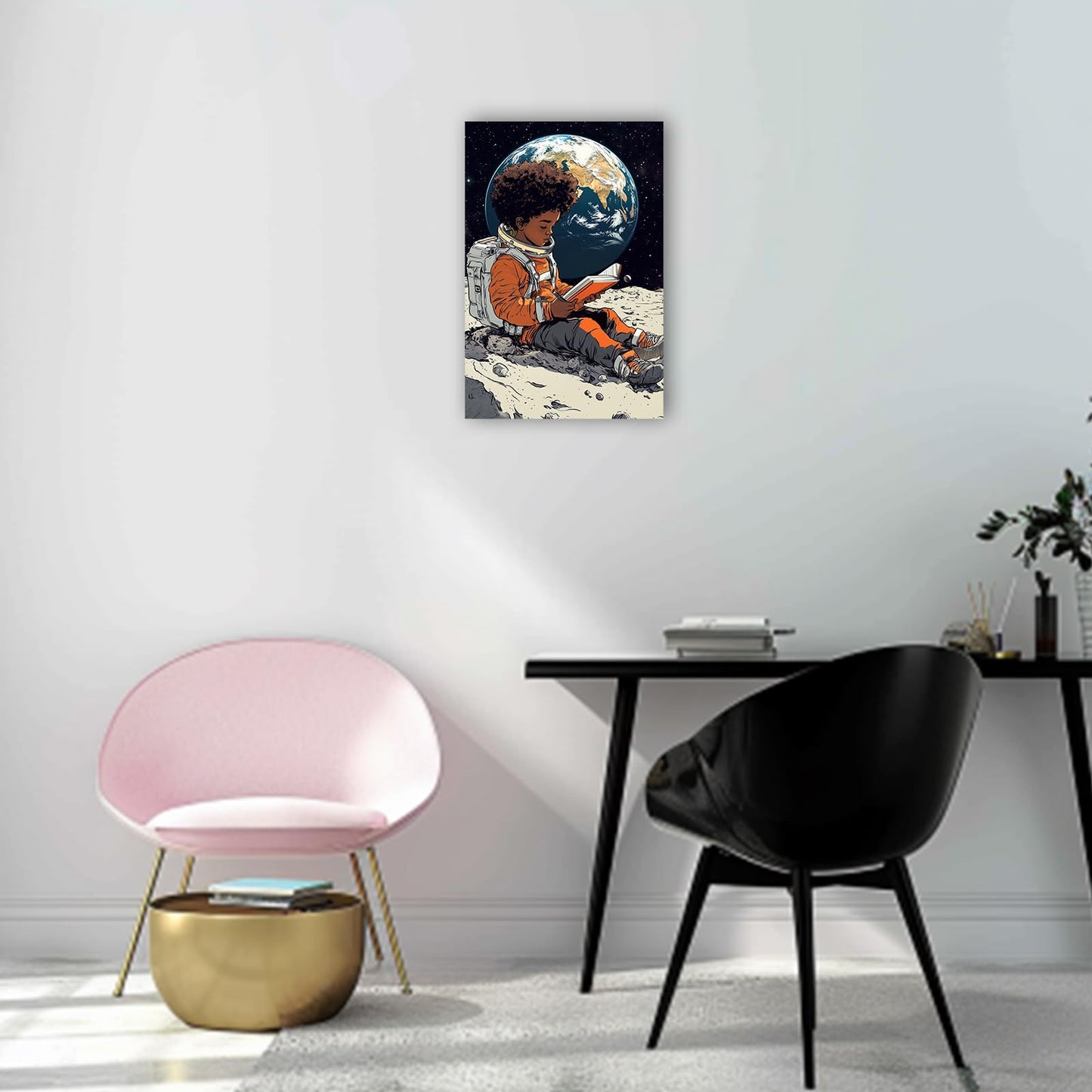 CHAOSETKEN African American Wall Art Astronaut Painting Black Boy Reading on the Moon Canvas Prints Space Themed Pictures for Office Decor Framed (12.00" x 18.00")
