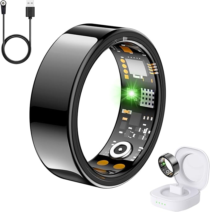 Health Tracker Ring, Smart Health Ring for Women Men with Heart Rate, Blood Oxygen, Sleep Monitor, Steps,Calories, No Subscription Fee, IP68 Waterproof Smart Ring for iPhone & Android (Black, 8#)