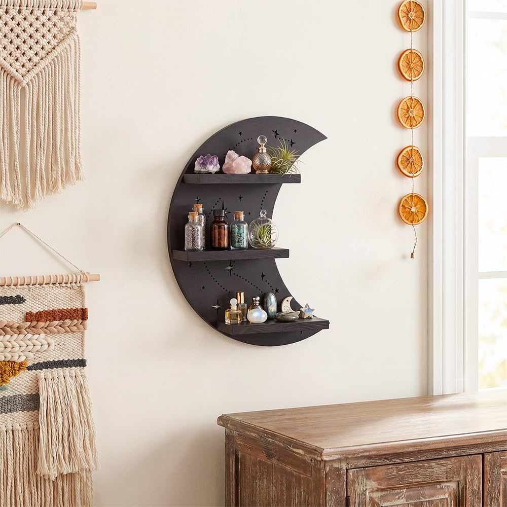 FNYDOX Crescent Moon Shelf with LED Light, Trinket Display Shelf & Moon Wall Light for Rocks Gems Healing Stones Crystals Display, Celestial Decor Crystal Holder Witchy Wall Decor