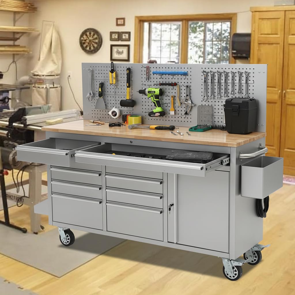 GAOMON 61-inch Rolling Tool Chest, 10 Drawers Garage Workbench Storage Tool Cabinet with Power Strip, Solid Rubber Wood Top, 1675 LBS Load Mobile Workstation, Heavy Duty Rolling Cabinet, Silver