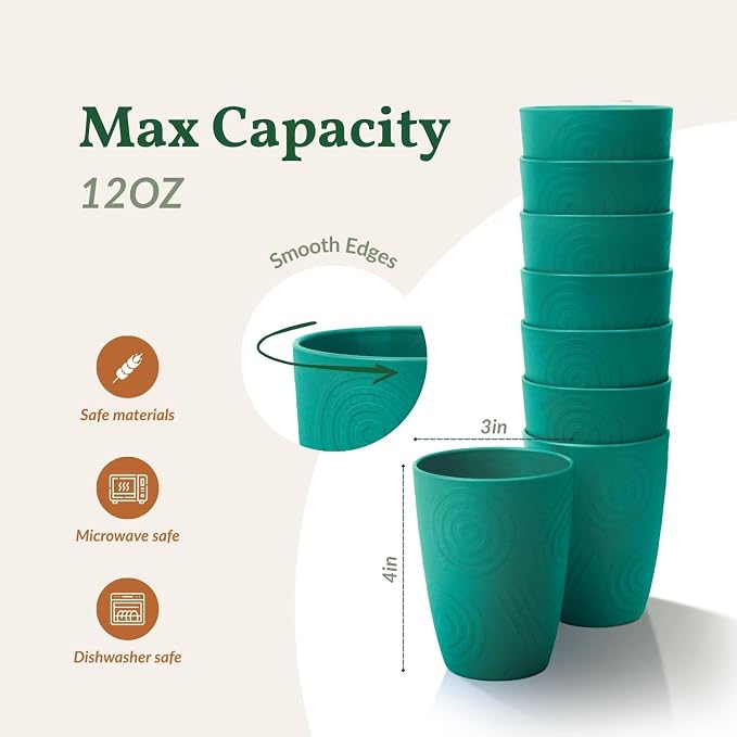 Homienly Plastic Cups Reusable 8 PCS Wheat Straw Cups a Good Alternative Drinking Plastic Glasses Cup Unbreakable Reusable Dishwasher Safe Microwave Safe Cup with Green Color (12 OZ)