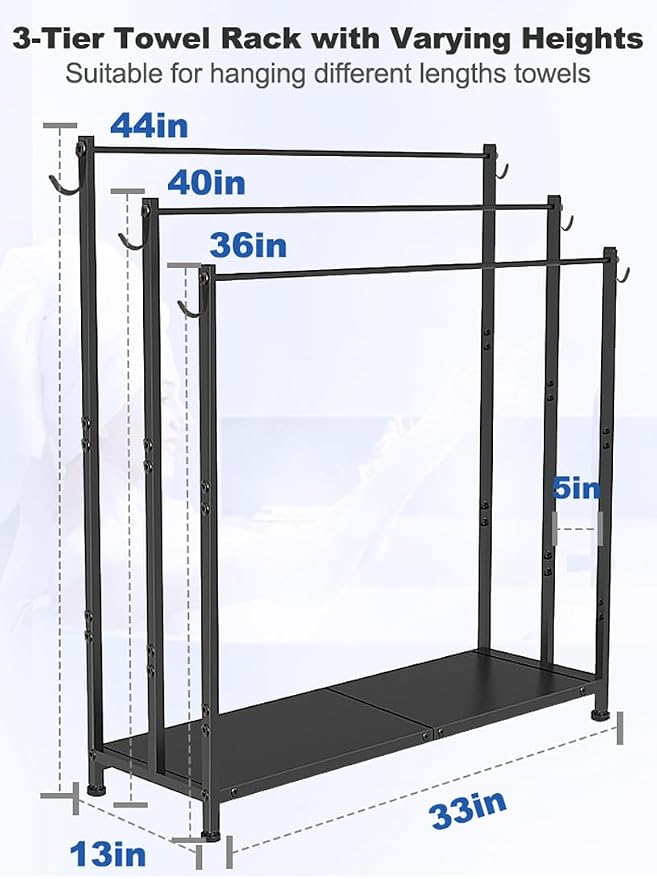 Extra Large Free Standing Towel Rack with Metal Storage Shelf & 6 Hooks for Bathroom, 3 Tiers Heavy Duty Blanket Drying Stand Holder for Outdoor Pool, Bedroom, Living Room, Black