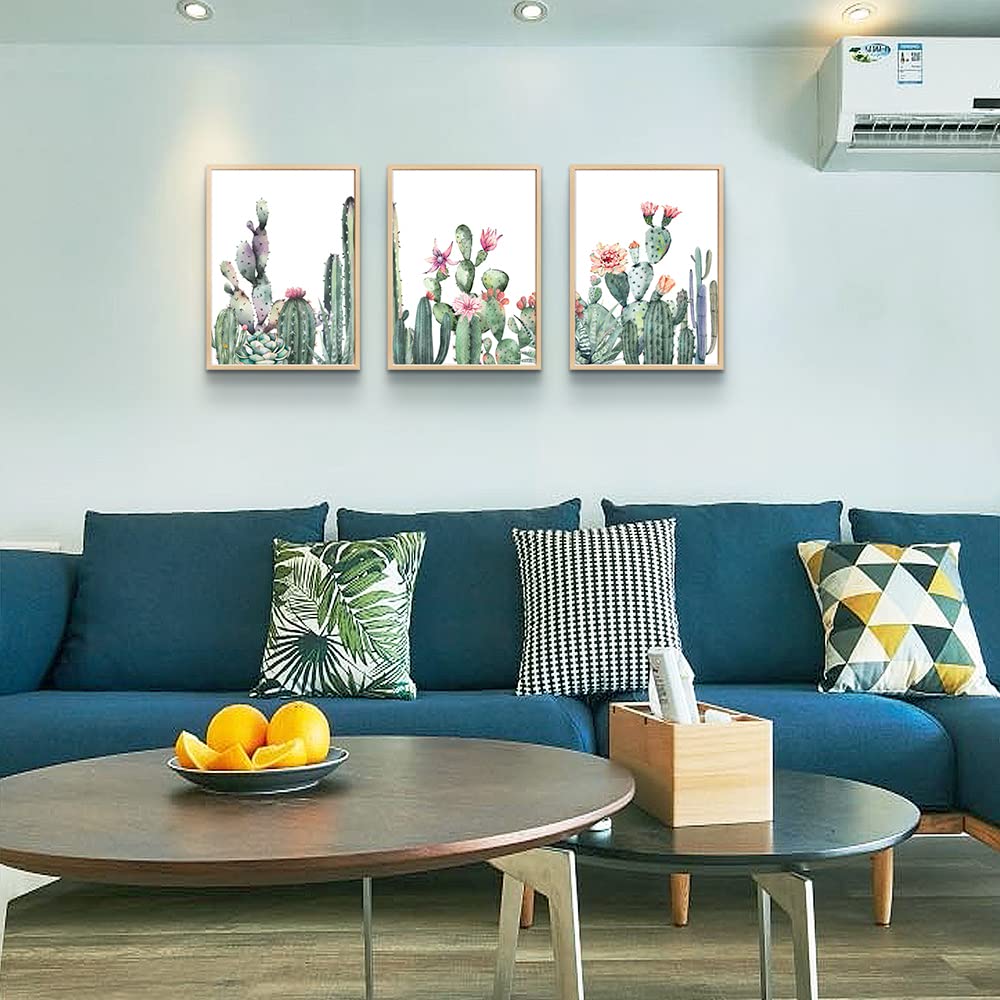 Natural Wood Framed Wall Art For Living Room & Bedroom Decor - Green Succulent Cactus Paintings - 3 Piece Framed Art Prints