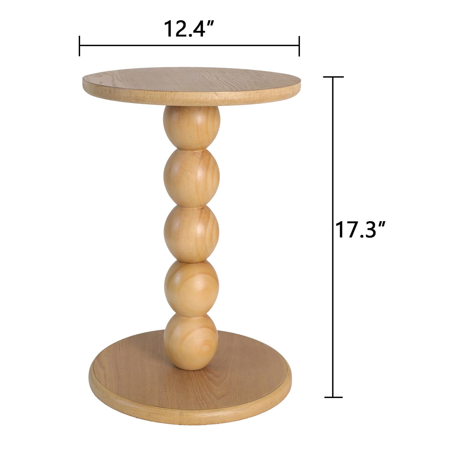 dwellington Small Round Wooden Side Table with Stacked Ball Pedestal Base, 12.4 X17.32 Accent Nightstand for Living Room, Bedroom, Corners (Natural)