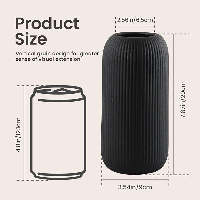 Bohemian Black Ceramic Vase - for Pampas Grass, Mantel, Bookshelf, Entryway and Living Room Decor (Black, 8in-Pill)