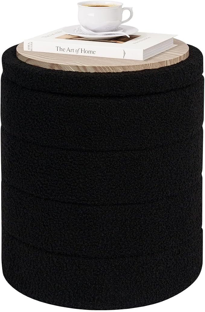 PINPLUS Round Storage Ottoman Foot Rest Stool with Tray Velvet Sherpa Folding Storage Ottoman,Boucle Foot Rest for Living Room, Bedroom, Dorm（Black）