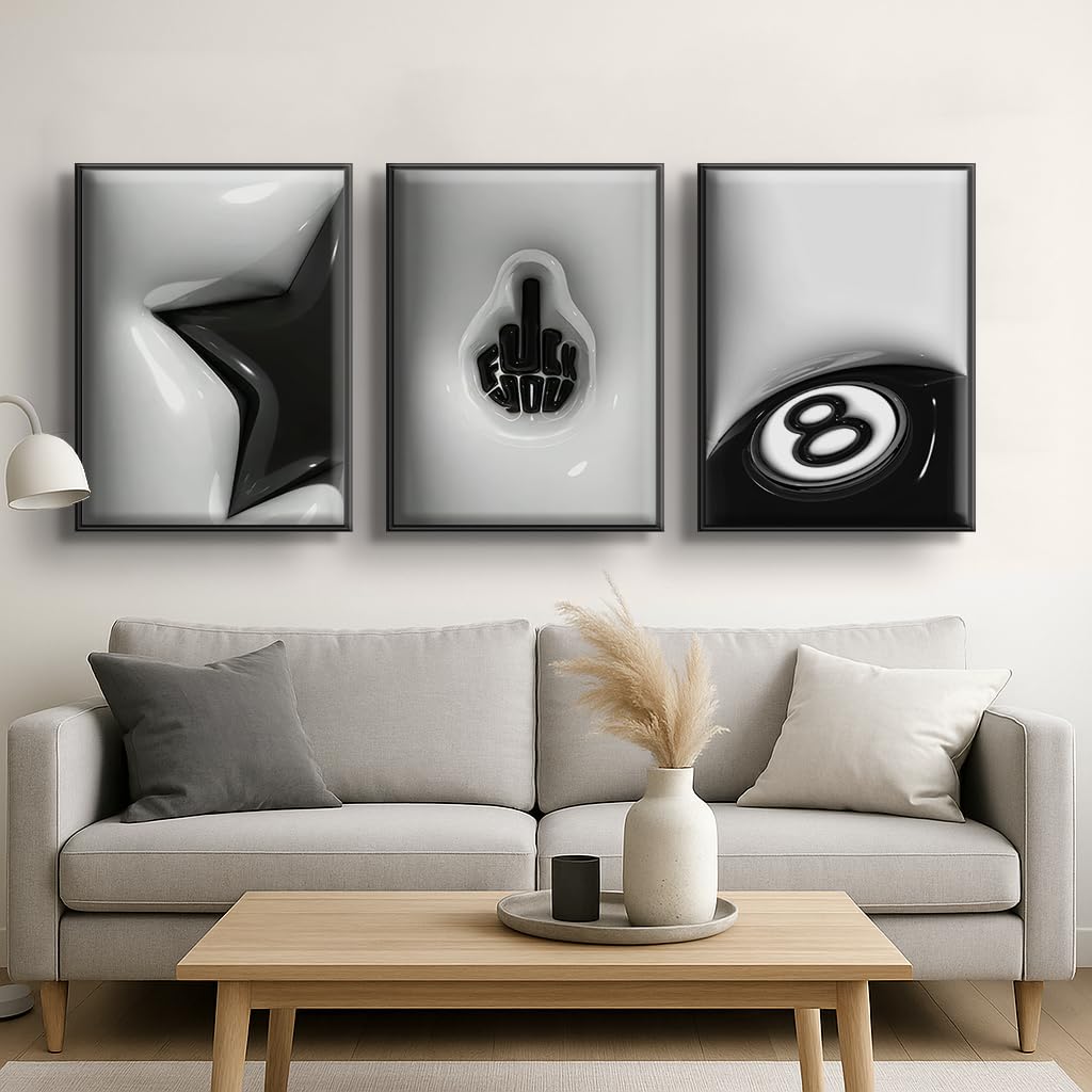 WNRTEKNK 3Pcs Lucky 8 Ball Wall Art Black And White Pictures Y2K Wall Decor Trendy Star Canvas Funky Lucky Preppy Painting Print for Apartment Dorm Teenager Room 12X16 in UNFRAMED Poster
