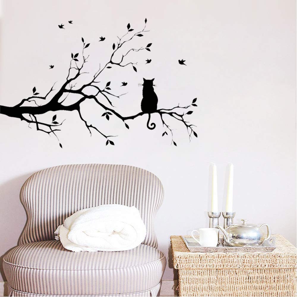 Lnrkai 14.2 x 22in Black Cat on Tree Branches Wall Decor Stickers Nursery Leaves, DIY Removable Wall Art Decal Mural Wallpaper Home Decoration for Living Room, Bedroom, Farmhouse, Bathroom Decor