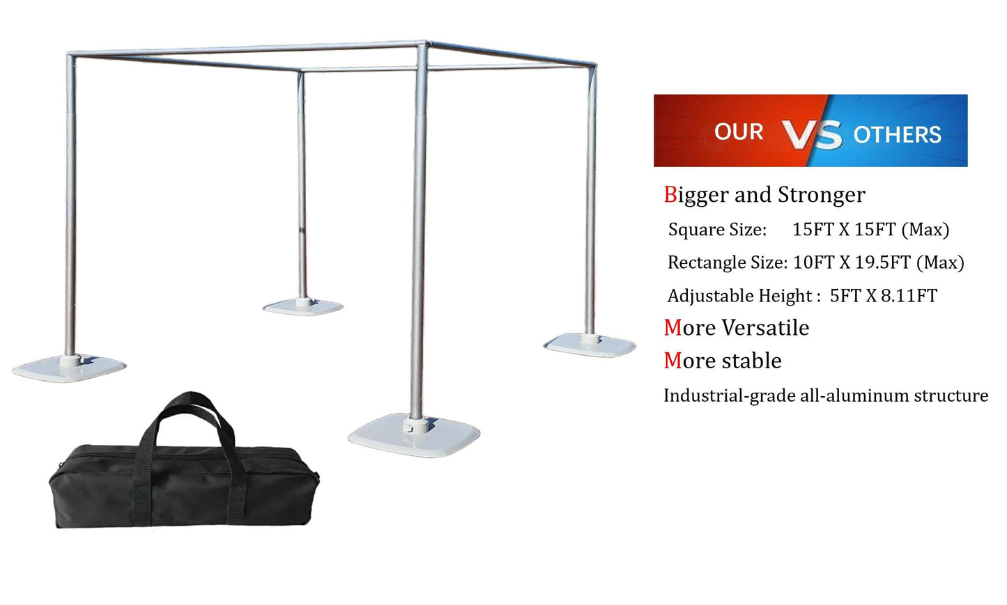 15x15Ft Square Backdrop Stand Kit Heavy Duty, 5-8' H x 5-19' W Square Adjustable Pipe and Drape Aluminum Frame, Backdrop Holder for Event, Wedding, Party, Photography, Trade Show, B-Day, Banquet Decor