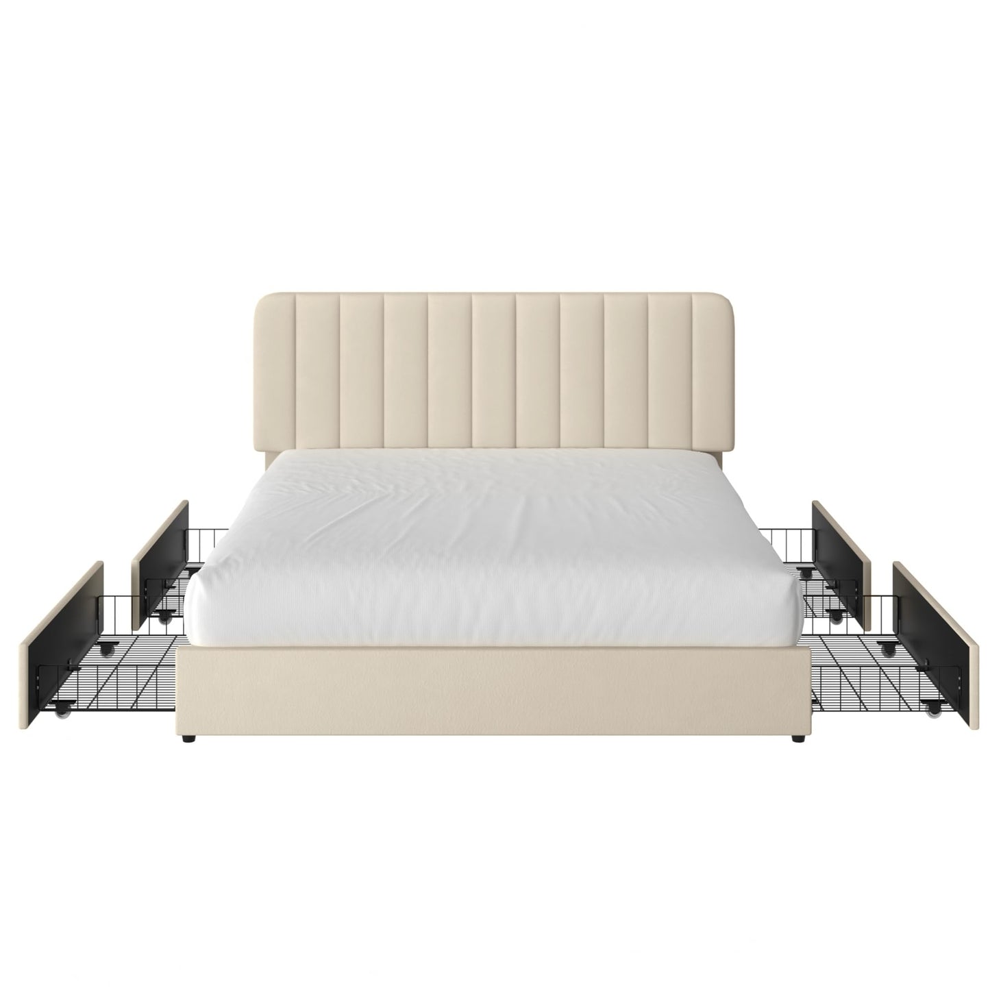 VECELO King Size Upholstered Bed Frame with 4 Drawers and Headboard, Velvet Platform Storage Bedframe, Wooden Slats Support, No Box Spring Needed,Bone Beige