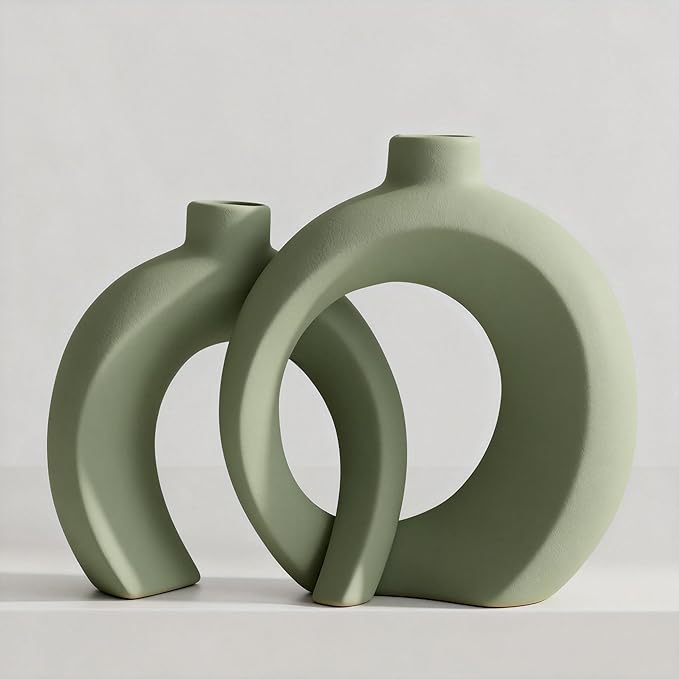 Set of 2 Sage Green Ceramic Vases for Home Decor Accents - Unique Hollow Donut Artistic Design Modern Boho Farmhouse Style Decorative Vases for Shelf, Mantel, Entryway Table Decor (Matte Green)