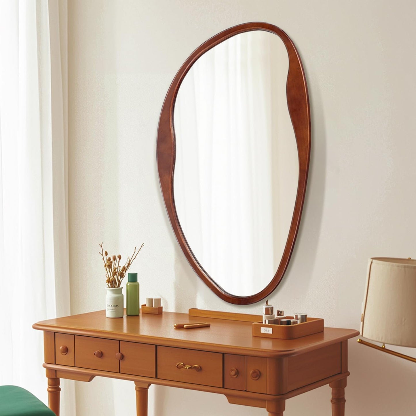 Fitous Asymmetrical Wood Mirror, Irregular Wall Mirror, Walnut Wooded Framed Wave Mirrors for Bathroom, Bedroom, Living Room, Entryway, Farmhouse Mid Century Modern Mirrors(36" H x 20" W)
