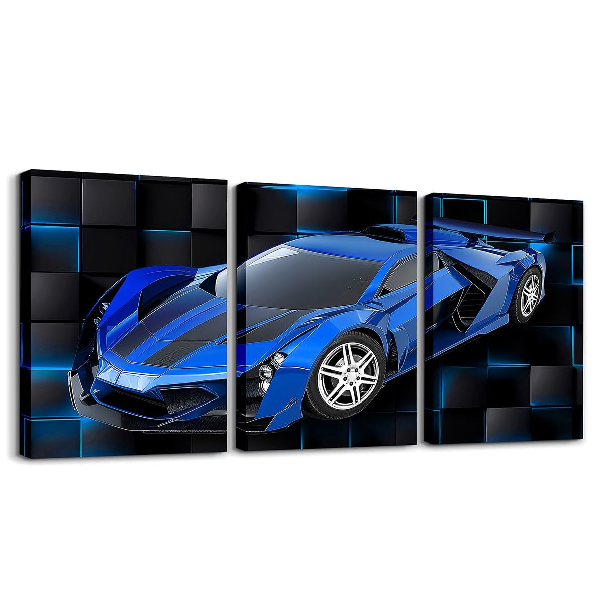Feelyou Blue Race Car Picture Wall Decor 12"x16" 3 Piece Speed Sports Car Canvas Wall Art Decor Geometric Honeycomb Office Wall Decorations Artwork Posters Extreme Sports Wall Painting