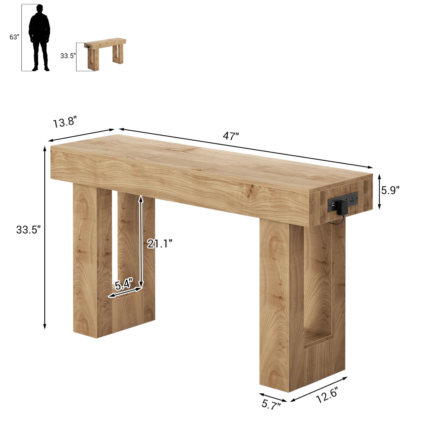 Unikito 47" Entryway Table with Socket and Sensor Light, Narrow Console Table with Storage Behind Couch, Farmhouse Entry Way Tables with Open Storage for Entrance/Hallway/Living Room, Natural Oak