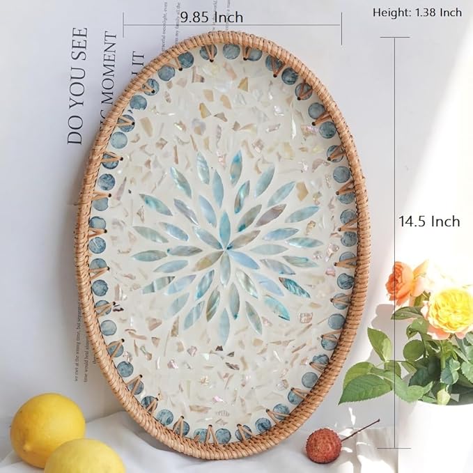 14.5 Inch Serving Tray for Coffee Table Ottoman Décor Tray for Living Room Mother of Pearl Inlay Rattan Centerpiece Tray for Candle Holder, Flower, Coffee, Bread, Fruit (Large)