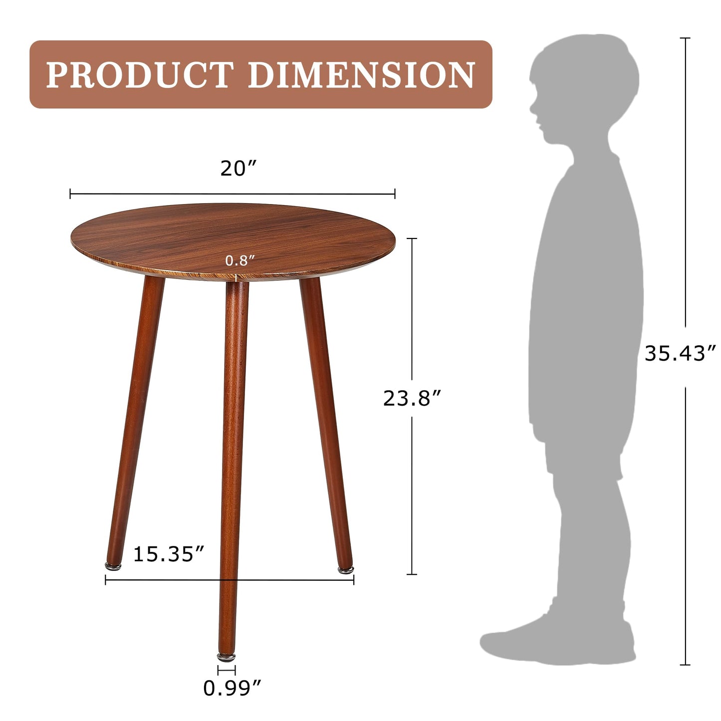 VECELO Round Side Table, Small End Table for Indoor Outdoor, Wooden Bedside Table with Non-Slip Foot Pads, 3-Legged Nightstand for Living Room Bedroom Bathroom, 20" x 20" x 23.8",Rustic Walnut