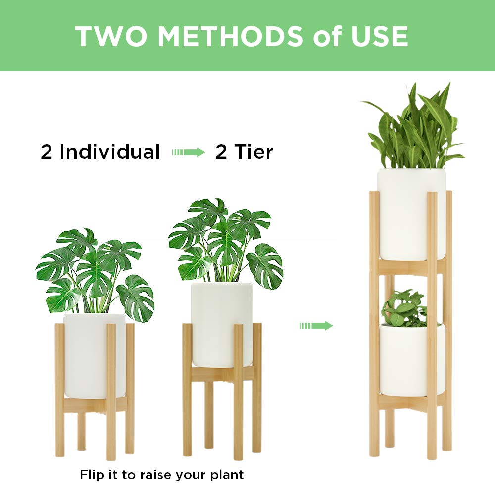 MUDEELA 2 Pack Indoor Plant Stands, 2 Tier Tall Plant Stand 30 inches, Mid Century Bamboo Plant Stand, Adjustable Width 8 - 12 inches, Fits Pot Size of 8 9 10 11 12 inches Pot & Plant Not Included, Natural