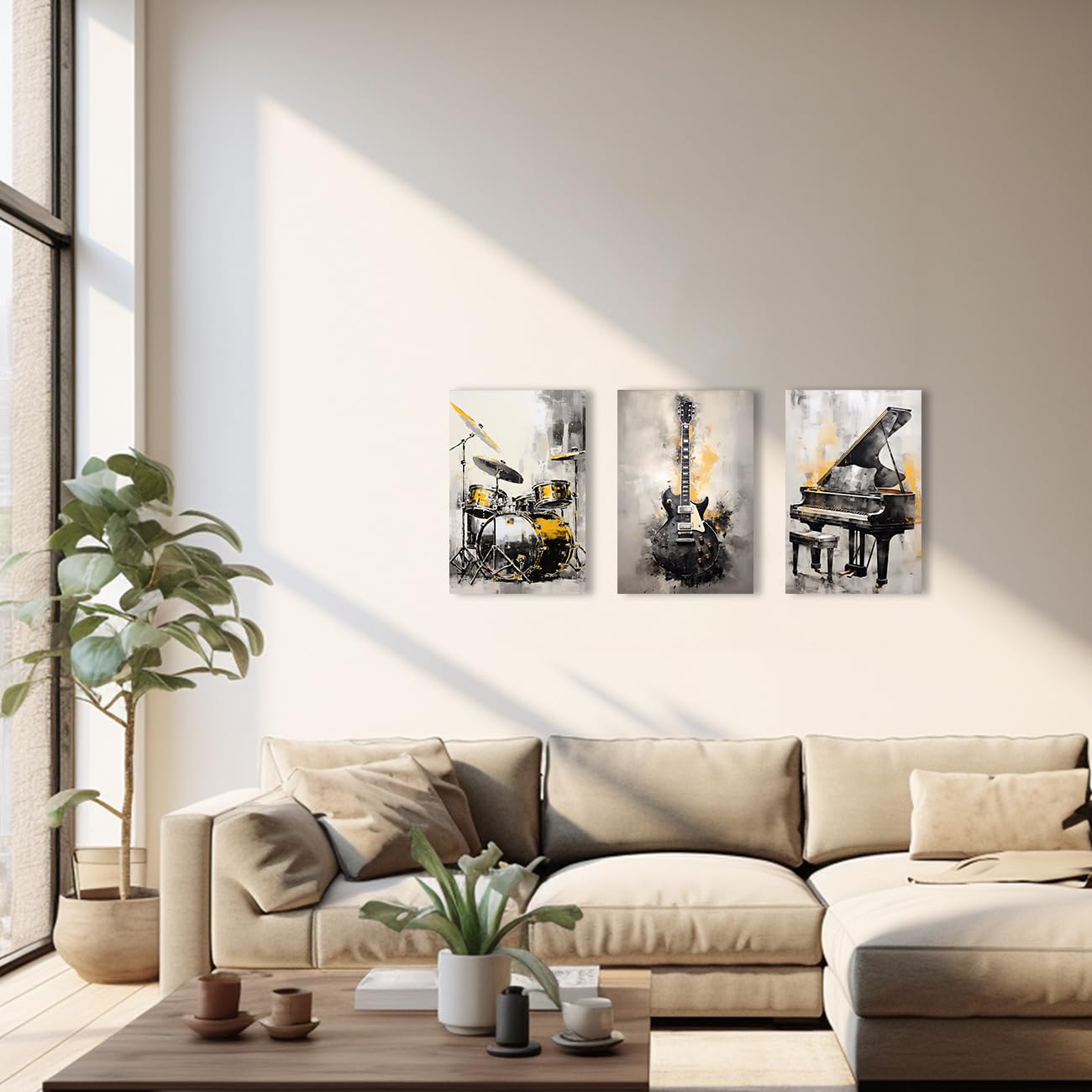 QIXIANG Music Canvas Wall Art for Music Lover Gift - 3 PCS Black and Gold Guitar, Piano, Drum Set Picture Prints - Framed (A, 20.00" x 28.00" x 3Pcs)