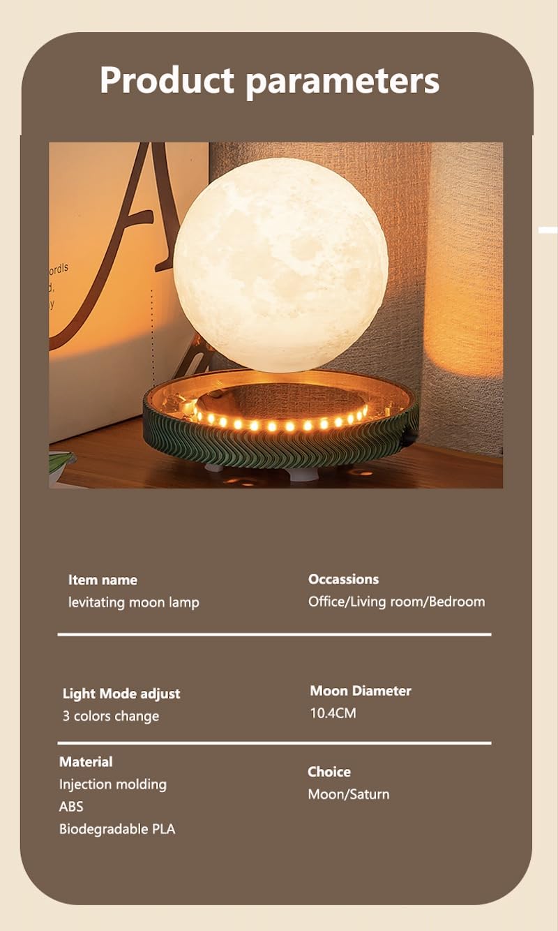 KIYOMING Levitating Moon Lamp Floating Saturn Lamp with Transparent Luminous Light Base Suspension 360° Rotation Saturn Light 3 Colors Display Mode Table Lamp for Home Office