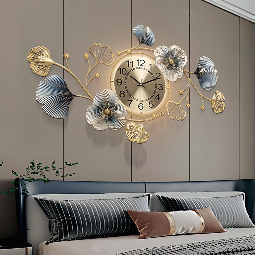 LJSCLDF Large Metal Wall Clocks with Led Light,Silent Creative Decorative Clock,3D Ginkgo Leaf Wall Clocks for Living Room Bedroom Kitchen Office Decor (33.6 X 20 inch)