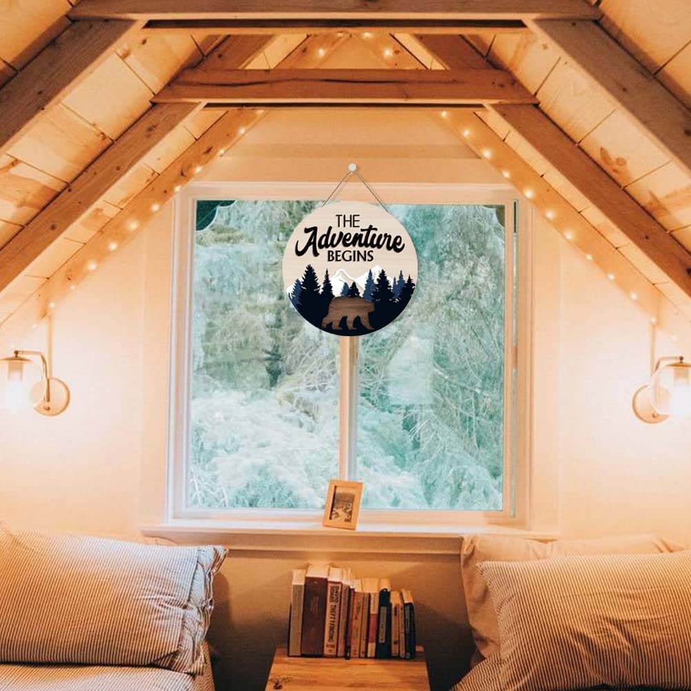 LHIUEM The Adventure Begins Wooden Hanging Sign,Woodland Wall Decor,Bear Mountain Inspirational Quotes Wooden Sign For Home Cabin Decor,Forest Camping Sign (12”X 12”)