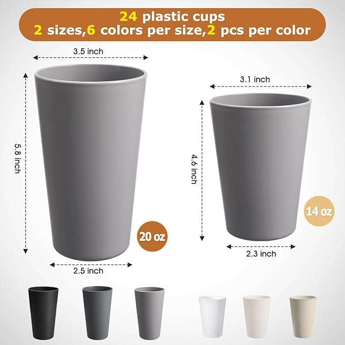 HEYCOME 24 Pcs Unbreakable Plastic Cups Set, 12 Pcs 14 oz and 12 Pcs 20 oz Reusable Plastic Cups, Stackable Water Tumblers, Drinking Cup for Kitchen, BPA-free, Dishwasher and Microwave Safe, 6 Colors