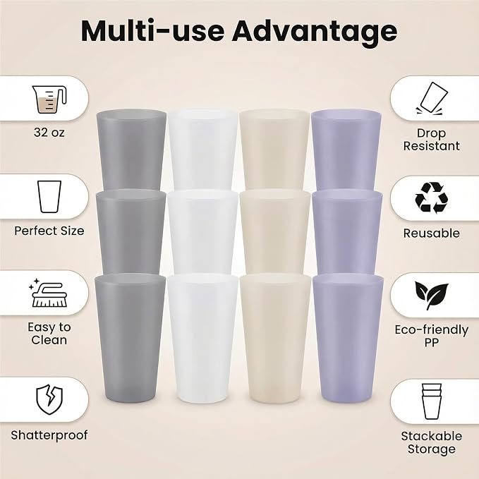AOYITE Unbreakable Plastic Cups Reusable, 32 oz Plastic Tumblers set of 12, BPA Free Dishwasher Safe Large Drink Cup for Kids Kitchen Camping Party Outdoor (Grey Stone)
