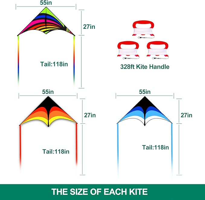 Mint's Colorful Life 3 Pack Delta Kite Set for Kids & Adults, Easy to Fly Large Kites for Beginners, Perfect Family Kites for Park and Beach Trip with 300ft String Included