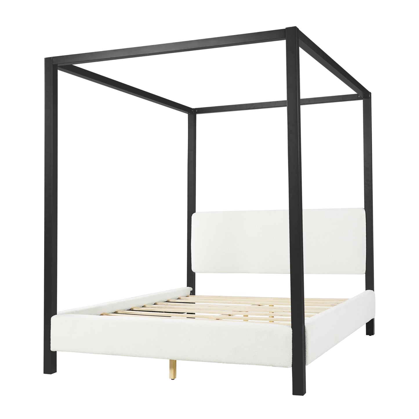 Merax Modern Queen Szie Metal Canopy Bed with Plush Bouclé Upholstery,Four-Poster Bed with Wood Slat Support,Padded Headboard & Side Rails,No Box Spring Needed,Luxury Bedroom Furniture,White+Black