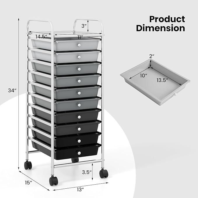 COSTWAY 10-Drawer Rolling Storage Cart, Utility Mobile Trolley with Removable Drawers & Universal Casters & 2 Brakes, Versatile Flexible Drawer Organizer Cart for Home, Office, Mixed Black
