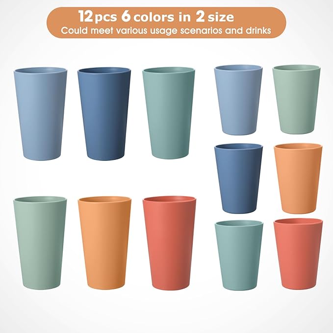 HEYCOME Set of 12 Wheat Straw Cups, 6 Pcs 20 oz & 6 Pcs 12 oz Unbreakable Drinking Cups, Reusable Plastic Cups Sets for Outdoor Camp Kitchen, Microwave & Dishwasher Safe, Bpa Free, 6 Colors