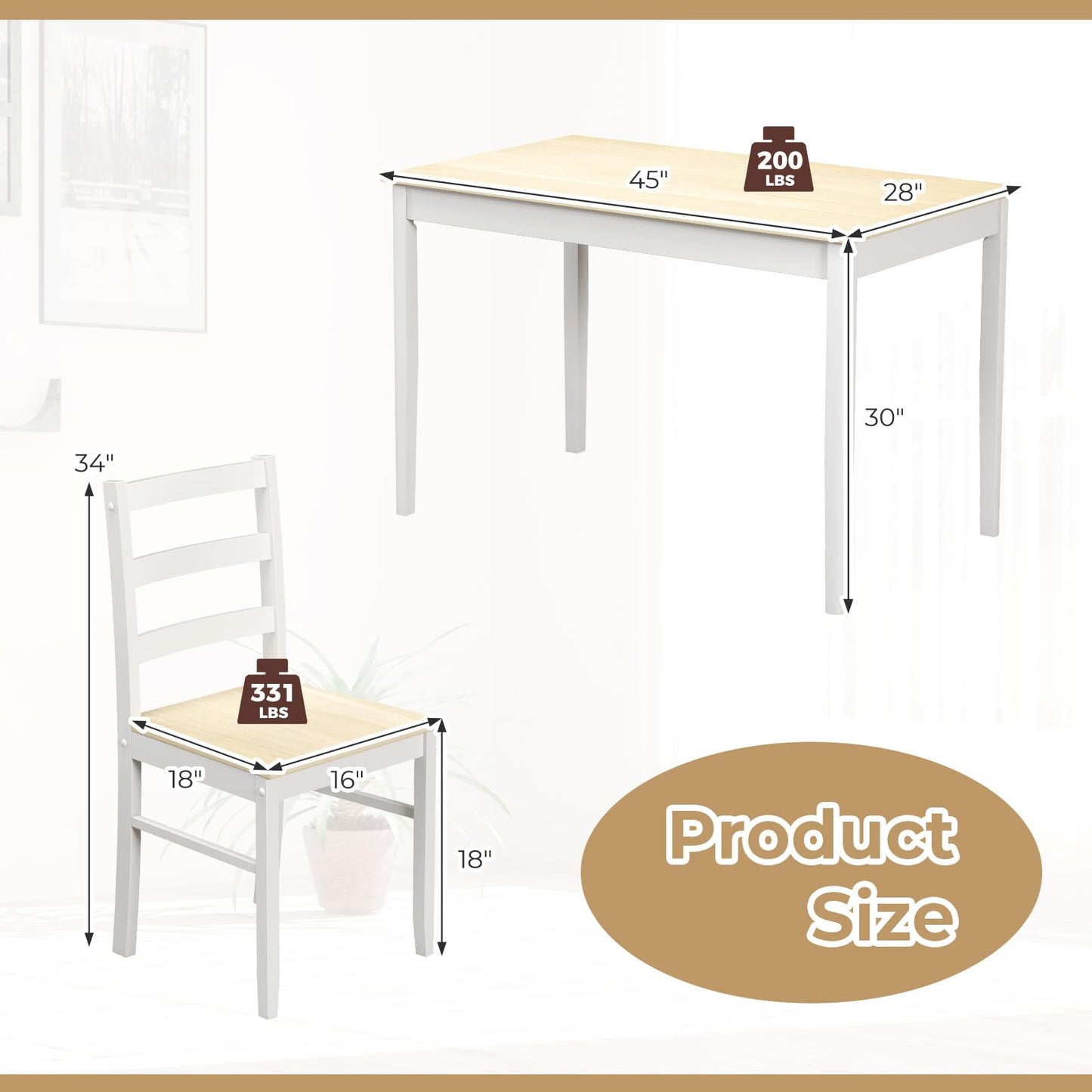 Giantex 5-Piece Dining Table Set for 4, 45" Rectangular Kitchen Table and Chairs Set with Solid Rubber Wood Legs, Space Saving Dinette Set for Small Space, Breakfast Nook, Restaurant (Beige)