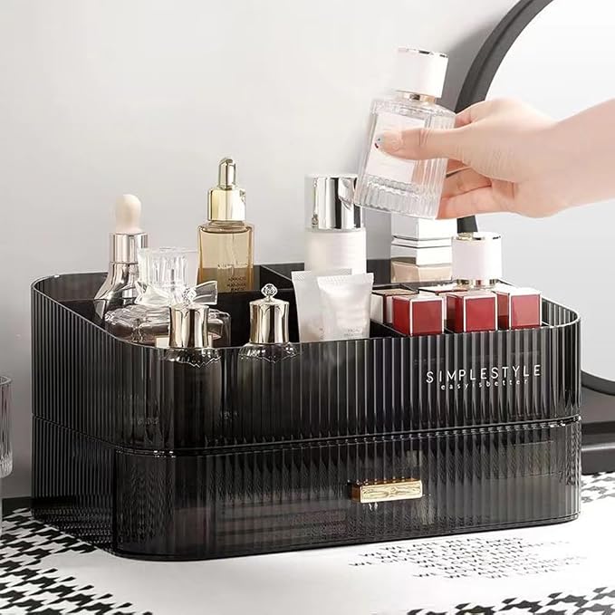 Makeup Organizer with Stackable Drawers, Bathroom Vanity Organizers and Storage, Ideal for Desk and Dresser Countertops, Great for Cosmetics, skincare, Lipsticks, Nail Care -Black