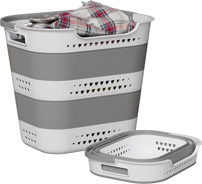 Collapsible Plastic Laundry Basket Hamper with Handles, Large 42L Portable Rubber Clothes Basket, Pop Up Storage Container/Organizer for Washing & Storage, Grey