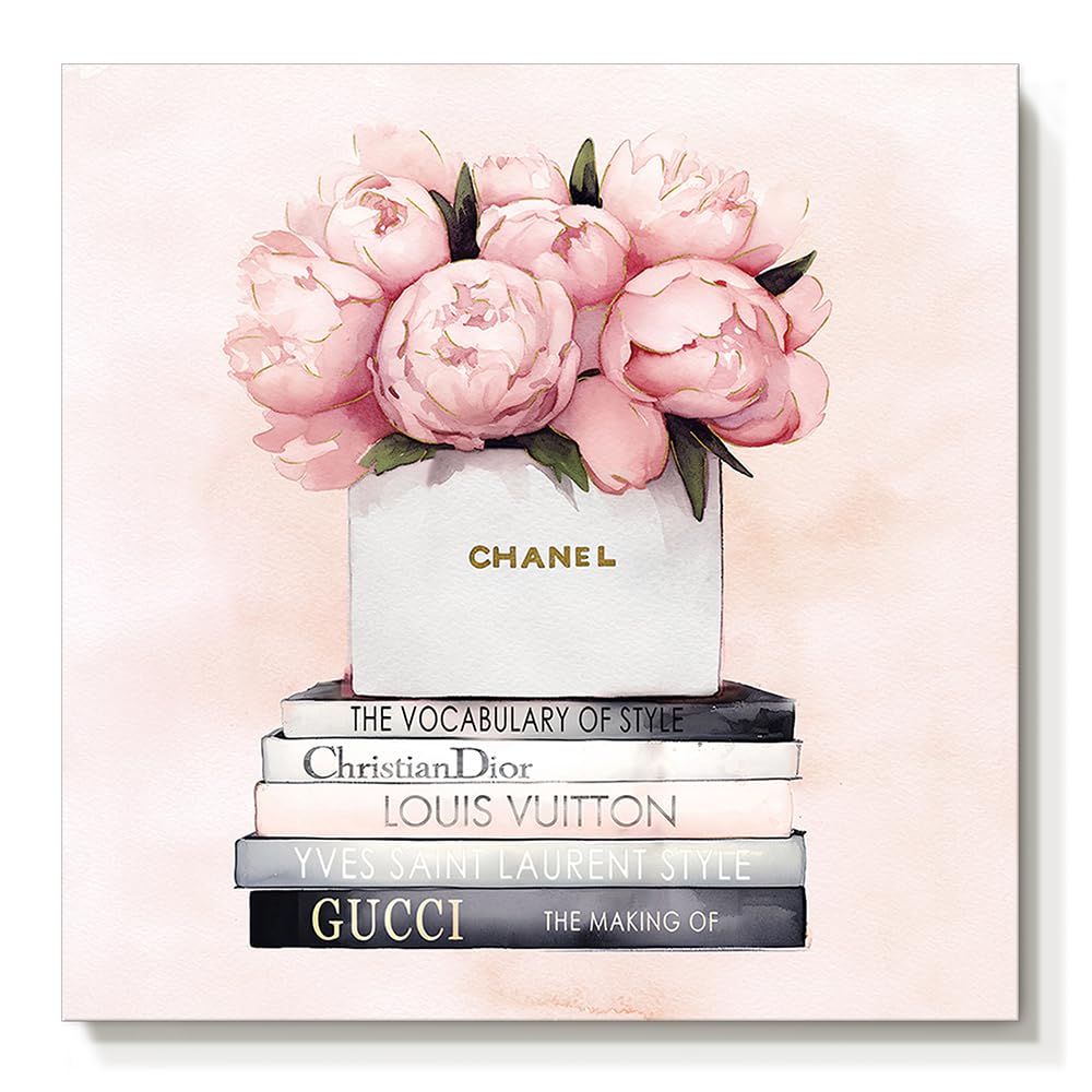 cozy country Chanel-Inspired Canvas Wall Art - 12x12 Inches Luxury Fashion Artwork Print, Featuring Perfume, Books & Flowers, Perfect for Bathroom & Women's Room Decor