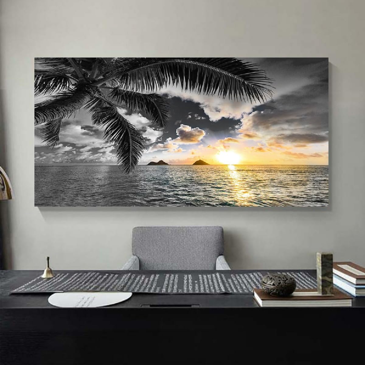 Bamdeya Wall Decor Living Room Black and White Beach Wall Art Sunset Seascape Pictures Palm Canvas Prints Art Wall Decor Bedroom Ocean Poster Painting for Home Office Decoration Scenery Artwork