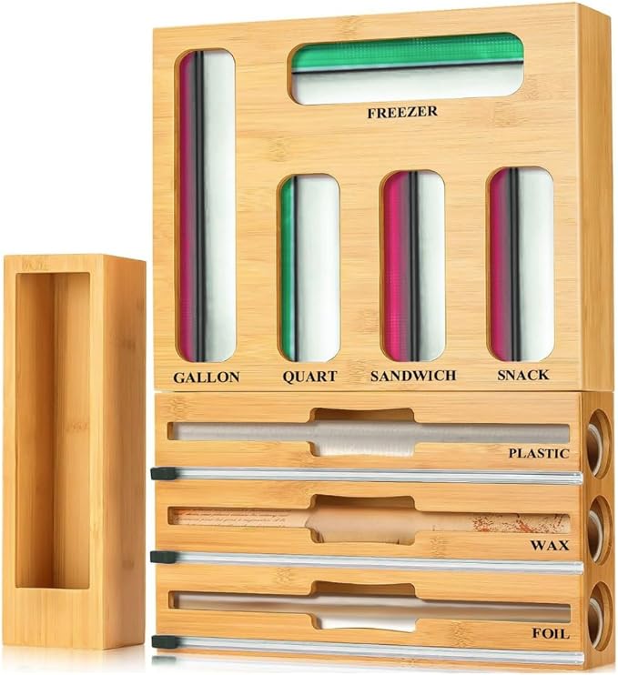 KALUHA Ziplock Bag Organizer Bamboo 9-in-1 | Gallon Quart Sandwich Snack Baggie Organizer for Drawer | Aluminum Foil Plastic Wrap Wax Paper Organizer | Zip Lock Bag Organizer for Kitchen Storage