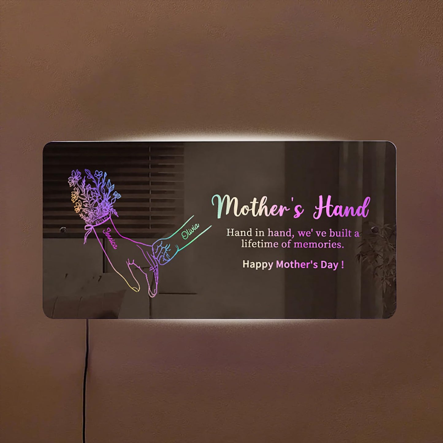 ROSLILY Hand in Hand Personalized Mom and Kids' Hands Mirror Light, Mothers Day Light Up Mirror with Kid's Name, Wall Mounted Name Neon Signs for Mom Grandma Bedroom Living Room Decor