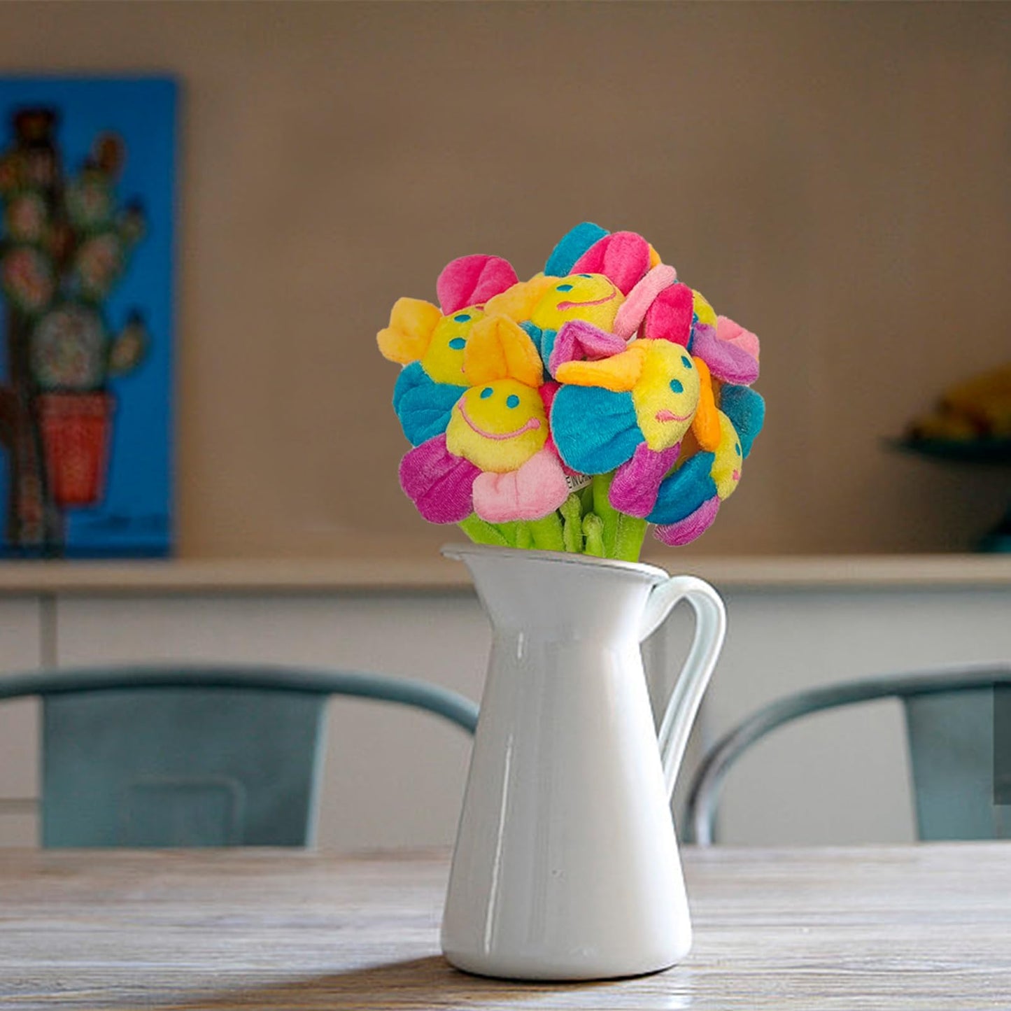 WOOPSOO 8 Pack Artificial Plush Flowers Colorful Curtain Buckle Tiebacks Cute Big Smile Face Plush Sunflower with Bendable Stems Bouquet for Home Kids Girls