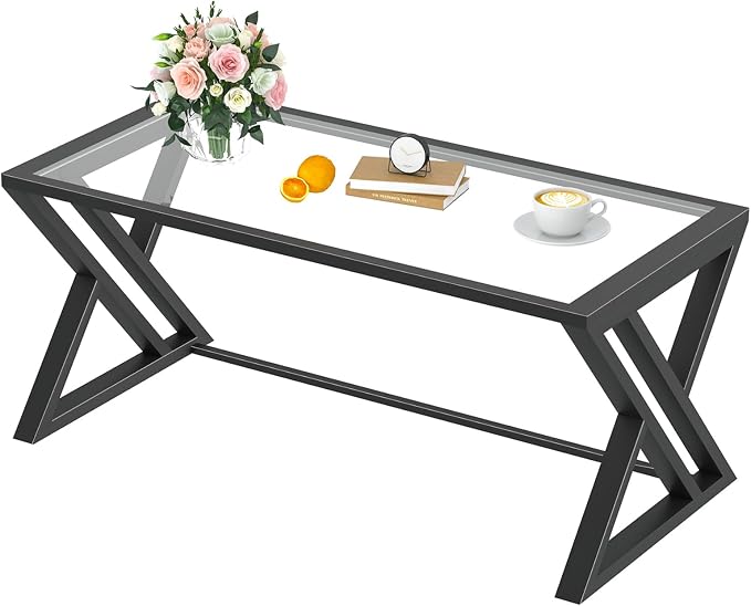 Wolawu Coffee Table Black Glass Coffee Table for Living Room,Modern Rectangular Center Table with Sturdy Metal Frame,Tempered Glass Table Tea Tables for Bedroom Home Office