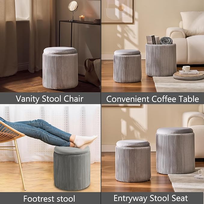 BLEXA Round Set of 2 Ottoman with Storage-Upholstered Velvet Vanity Stool for Makeup Multifunctional Ottomans Coffee Table Padded Seat Foot Rest for Living Room&Bedroom(Ligth Grey)