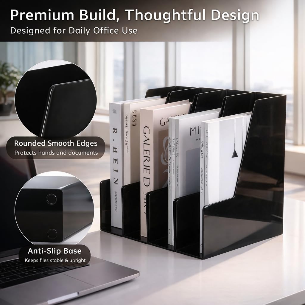 CiWiVOKi Vertical Magazine File Holder, Desk Organizer and Storage for Magazines, Binders, Notebooks, Envelopes, Multi-Purpose Desktop File Organizer for Home, Office & Classroom, 4 Pack, Black