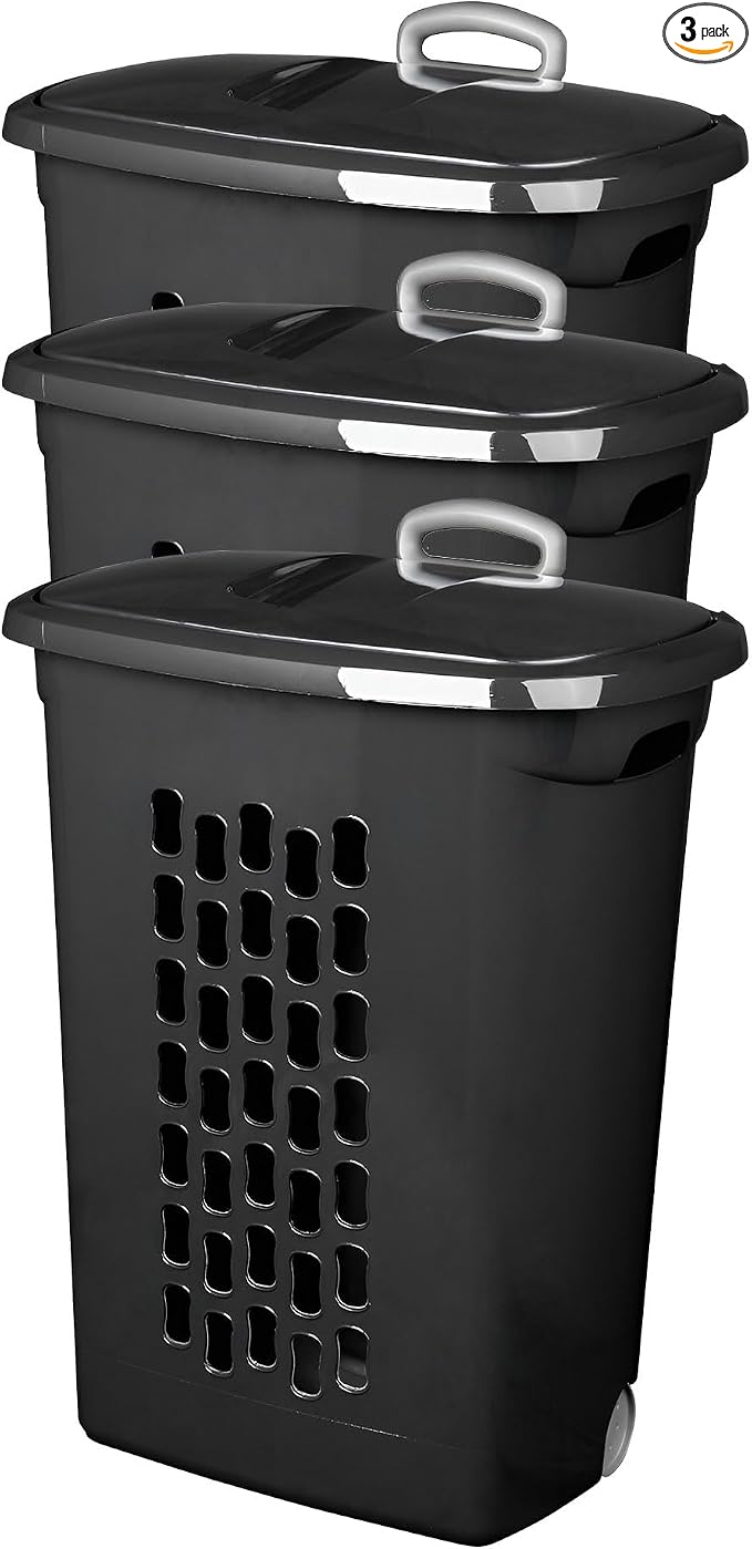 Sterilite 3-Pack Ultra Laundry Hamper with Lid and Wheels, Plastic Clothes Basket, Black - Dirty Clothing Storage Organizer with Handles for Bedroom, Bathroom, and Closet