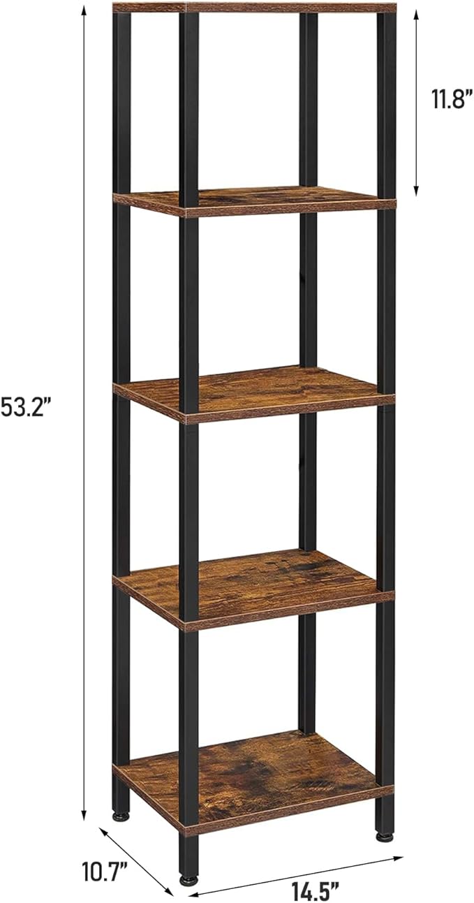 TUTOTAK Bookshelf, 5-Tier Tall Book Shelf, Narrow Bookcase for Small Space, DIY Stackable Bookshelf, for Living Room, Office, Study, Entryway, Industrial, Rustic Brown and Black BS01BB005