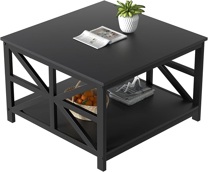 GreenForest Modern Living Room Coffee Table with 2 Tier Storage, Small Square Wood and Metal Farmhouse Center Table with Seamless One-Piece Tabletop, 27.55 Inch, Black