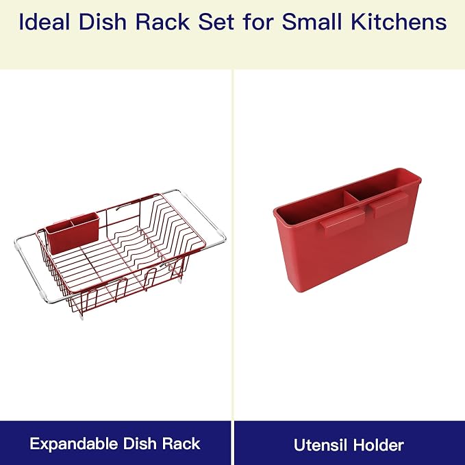 MAJALiS Red Dish Drying Rack Over The Sink with Utensil Holder | Expandable Stainless Steel Dish Drainer for Small Kitchen, Apartment, RV, Counter Space Saving, Perfect Fit, Rustproof